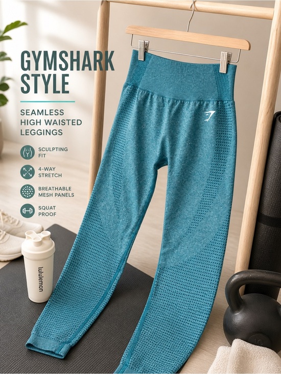 Gymshark Pants - Seamless Teal Leggings High Waisted Cropped Length Mesh Gymshark Style XS Small
